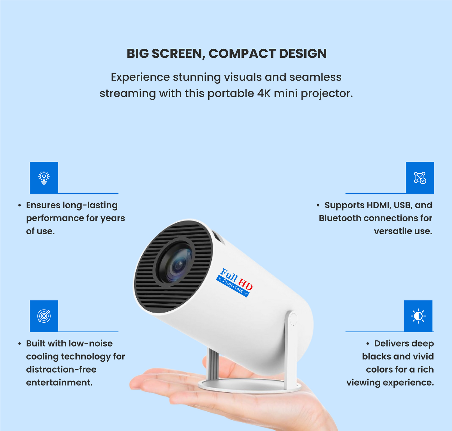 4K Mini Projector: Portable, WiFi 6, Bluetooth 5.0, Android 11, 180° Rotatable - Full HD Projectors