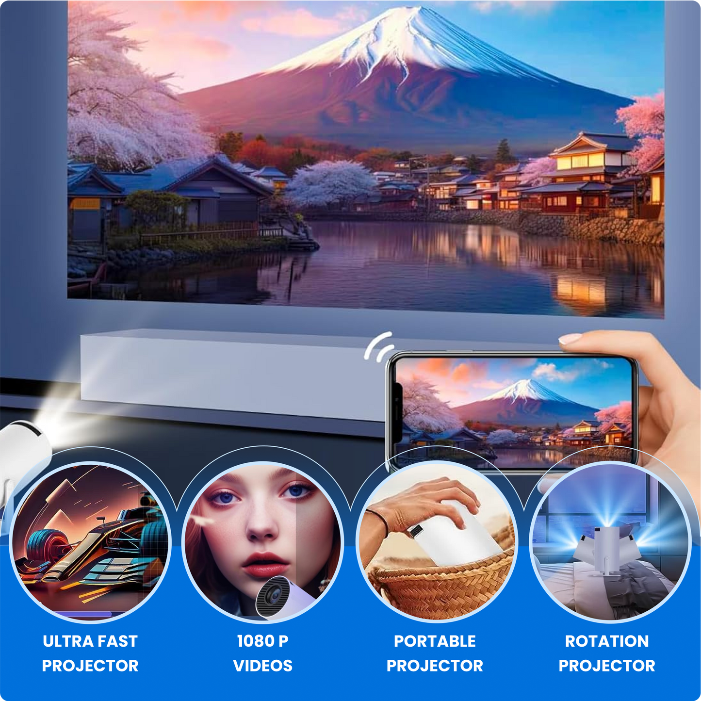 4K Mini Projector: Portable, WiFi 6, Bluetooth 5.0, Android 11, 180° Rotatable - Full HD Projectors